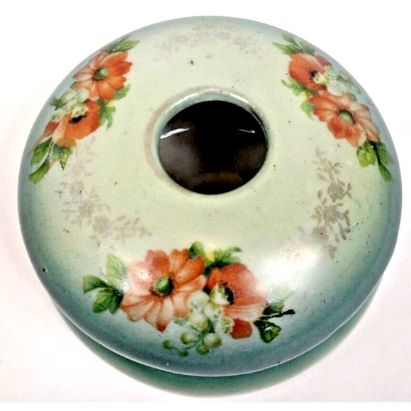 Antique Porcelain Hair Receiver Green Floral Vanity Decor 2 Piece Marked #77 - Picture 2 of 9
